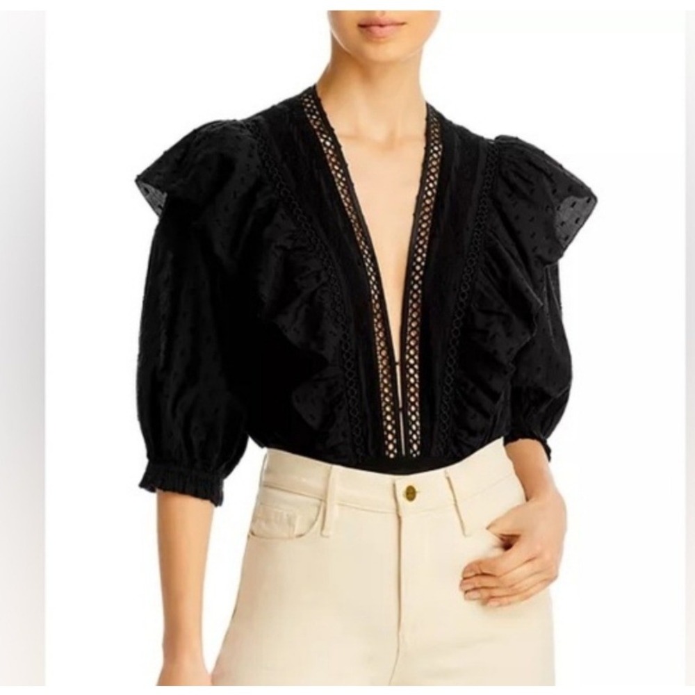 FARM Rio Black Lace-Trim Puff-Sleeve Bodysuit - Picture 3 of 10